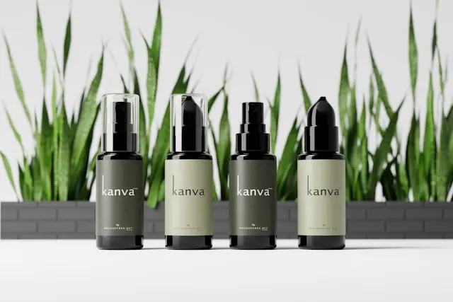 cuatro frascos oscuros de cosmeticos naturales
